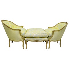 Vintage French Louis XV Style Duchesse Brisee Chaise Pair of Bergere Chairs and Ottoman