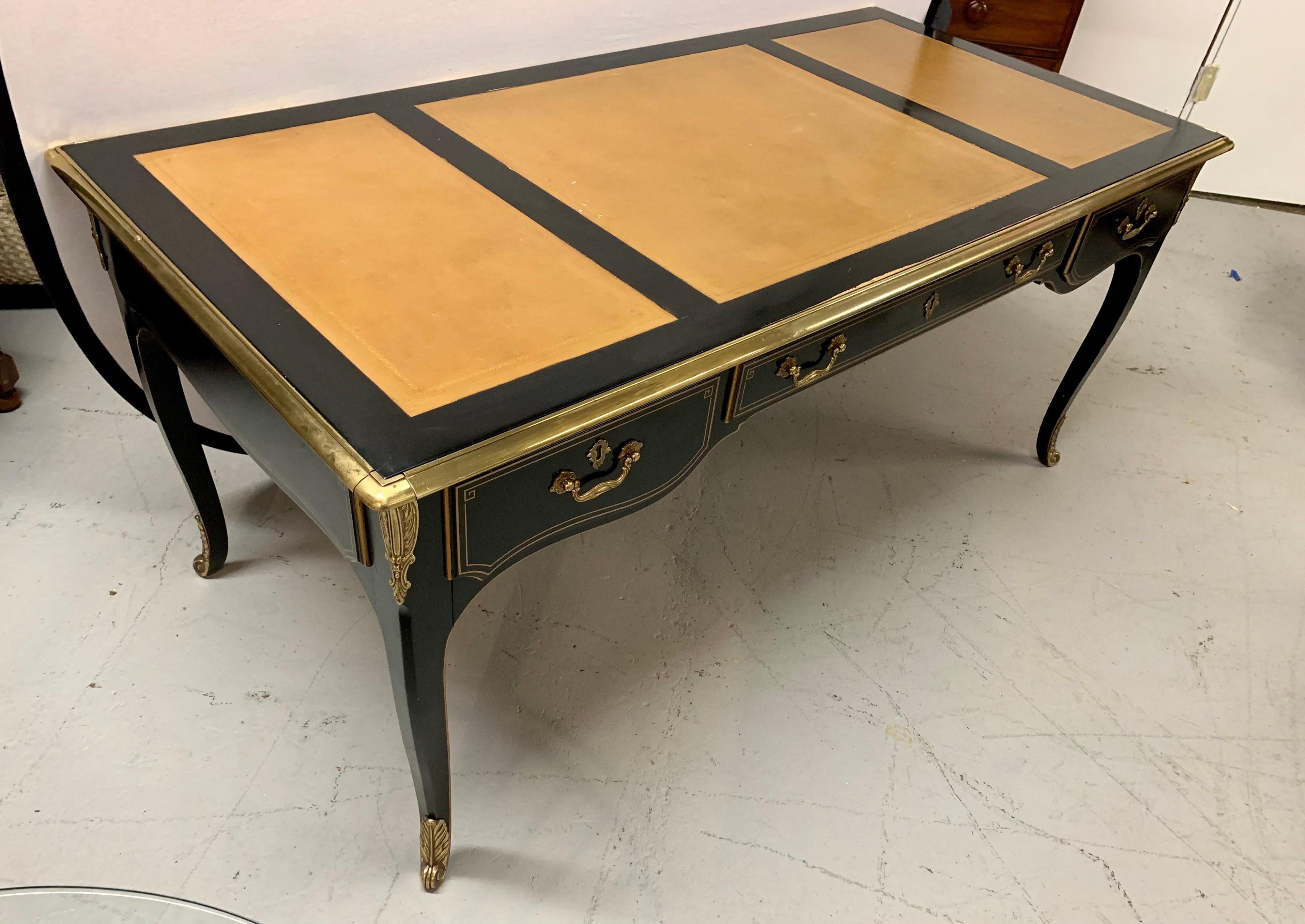 French Louis XV Style Ebonized Black and Bronze Writing Desk Bureau Plat 5