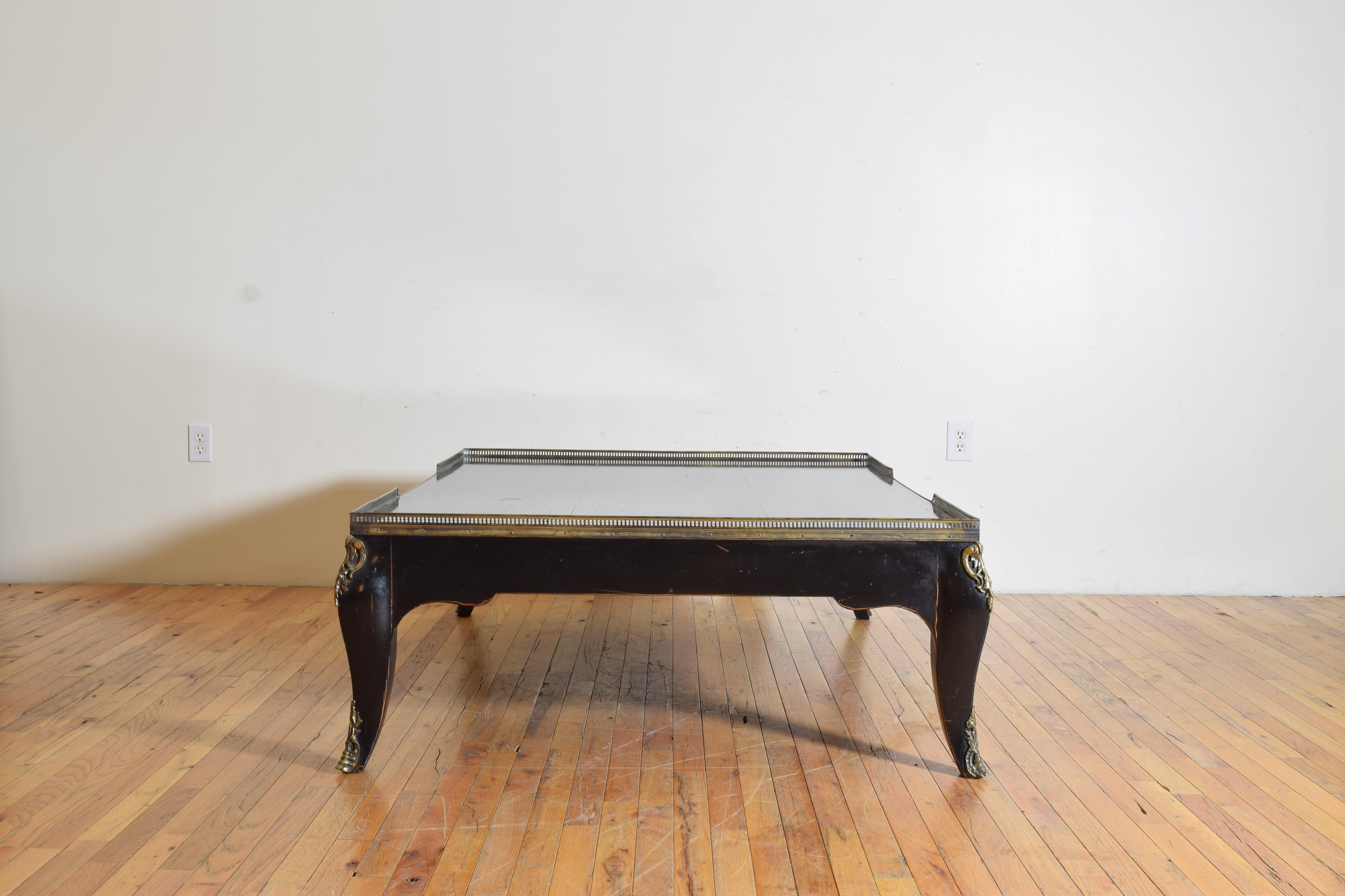20th Century French Louis XV Style Ebonized & Brass Mounted Large Coffee Table, mid 20th cen.