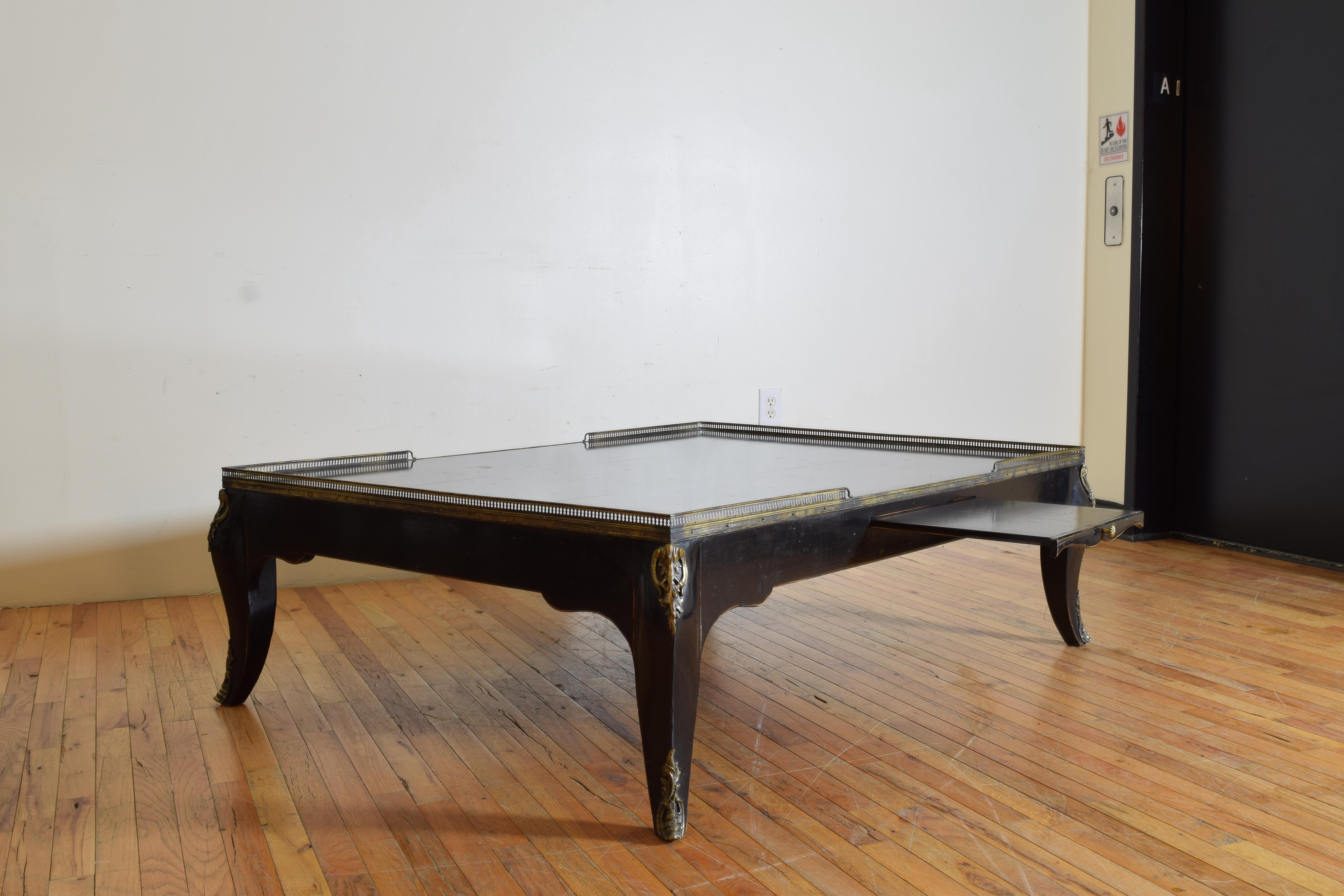 Hardwood French Louis XV Style Ebonized & Brass Mounted Large Coffee Table, mid 20th cen.