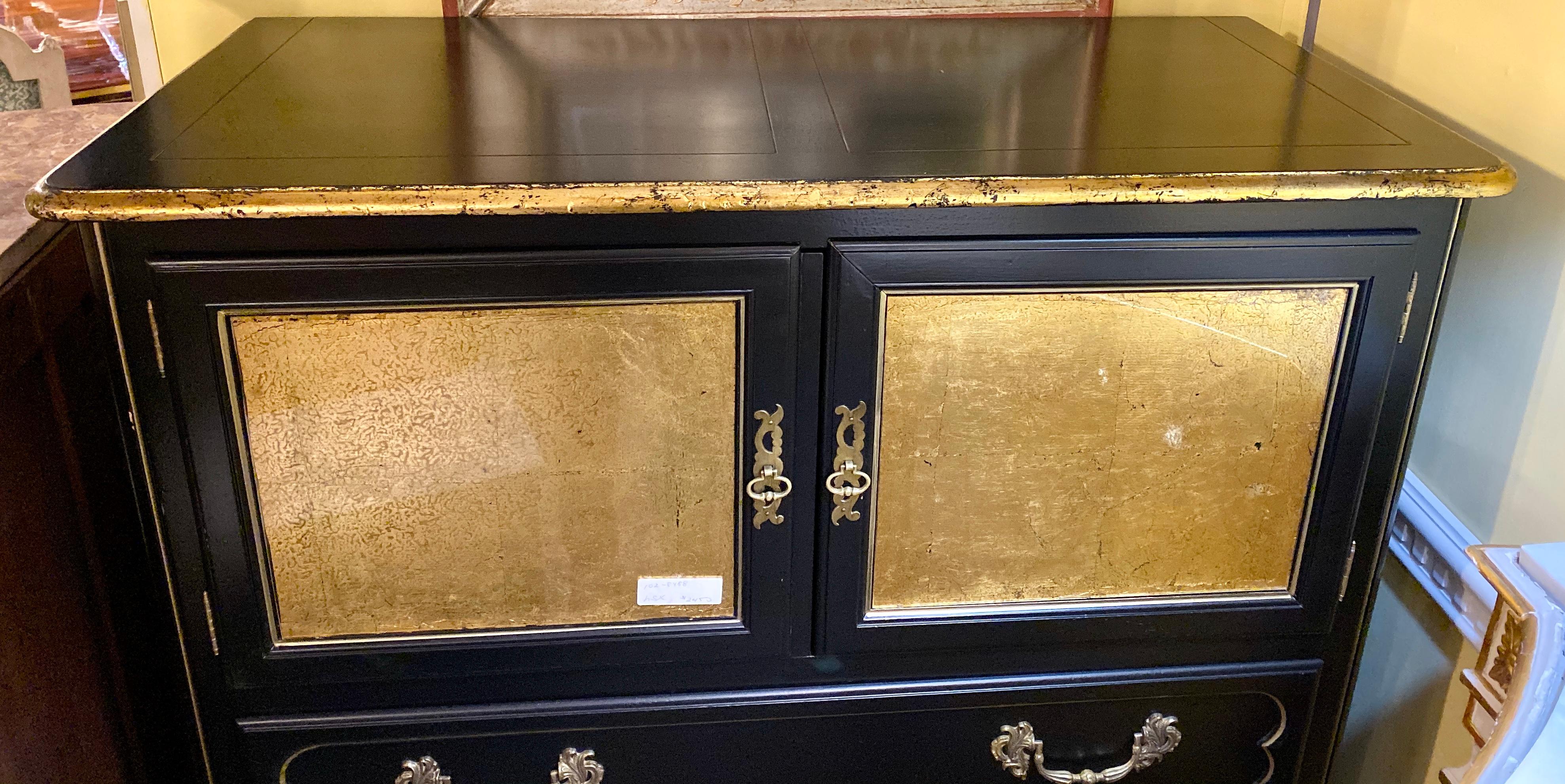 Mid-20th Century Ebonized Cabinet on Chest French Louis XV Style With Parcel Gilt Glass Doors