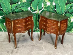 French Louis XV Style End Tables With Ormolu Trim and Green Marble Tops, a Pair