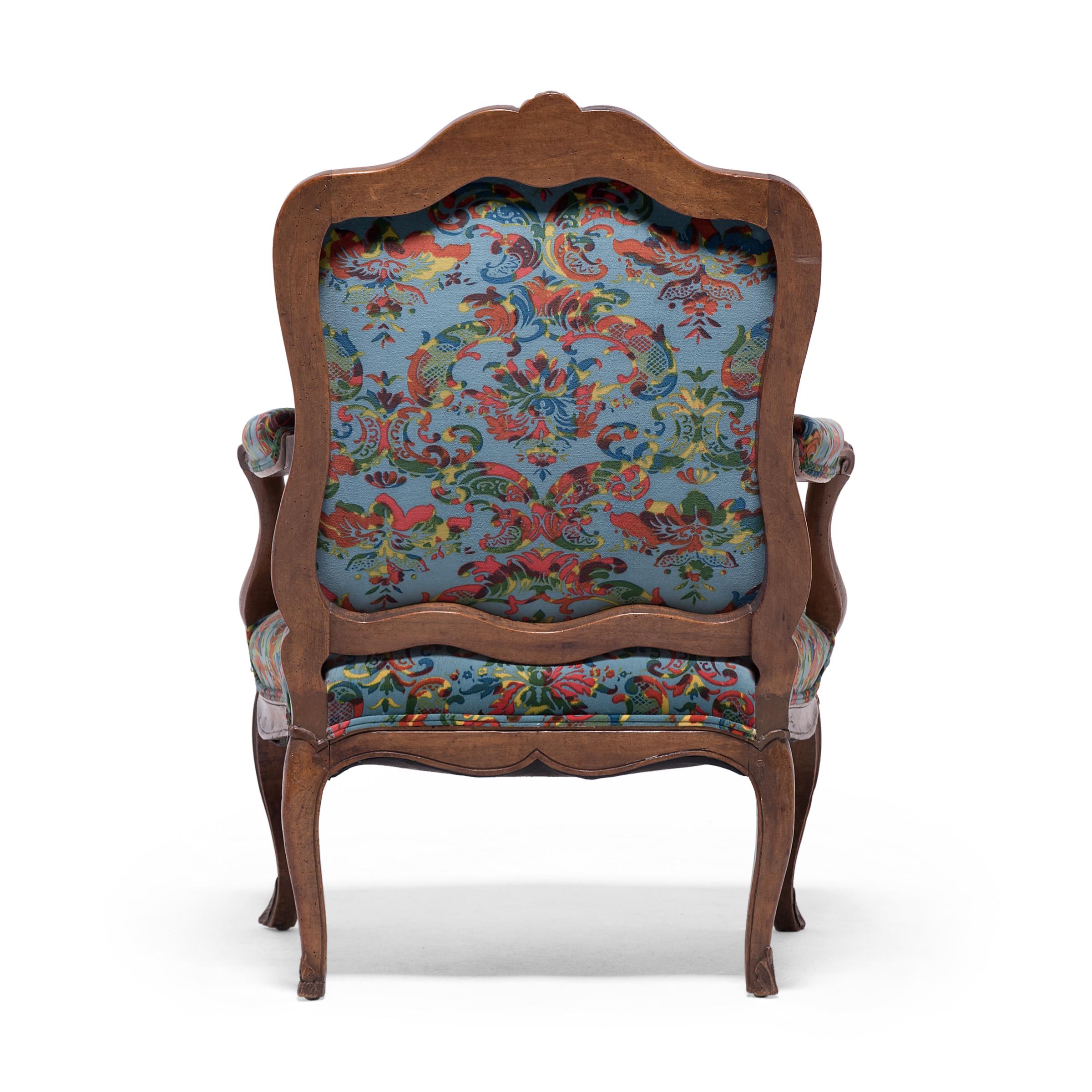 Hand-Carved French Louis XV-Style Fauteuil Armchair, C. 1850 For Sale