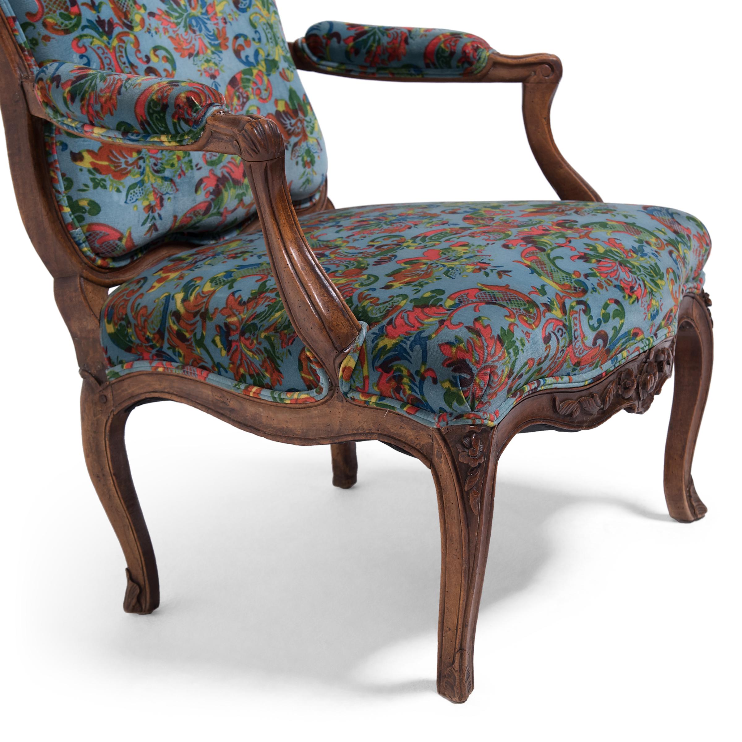 Fabric French Louis XV-Style Fauteuil Armchair, C. 1850 For Sale
