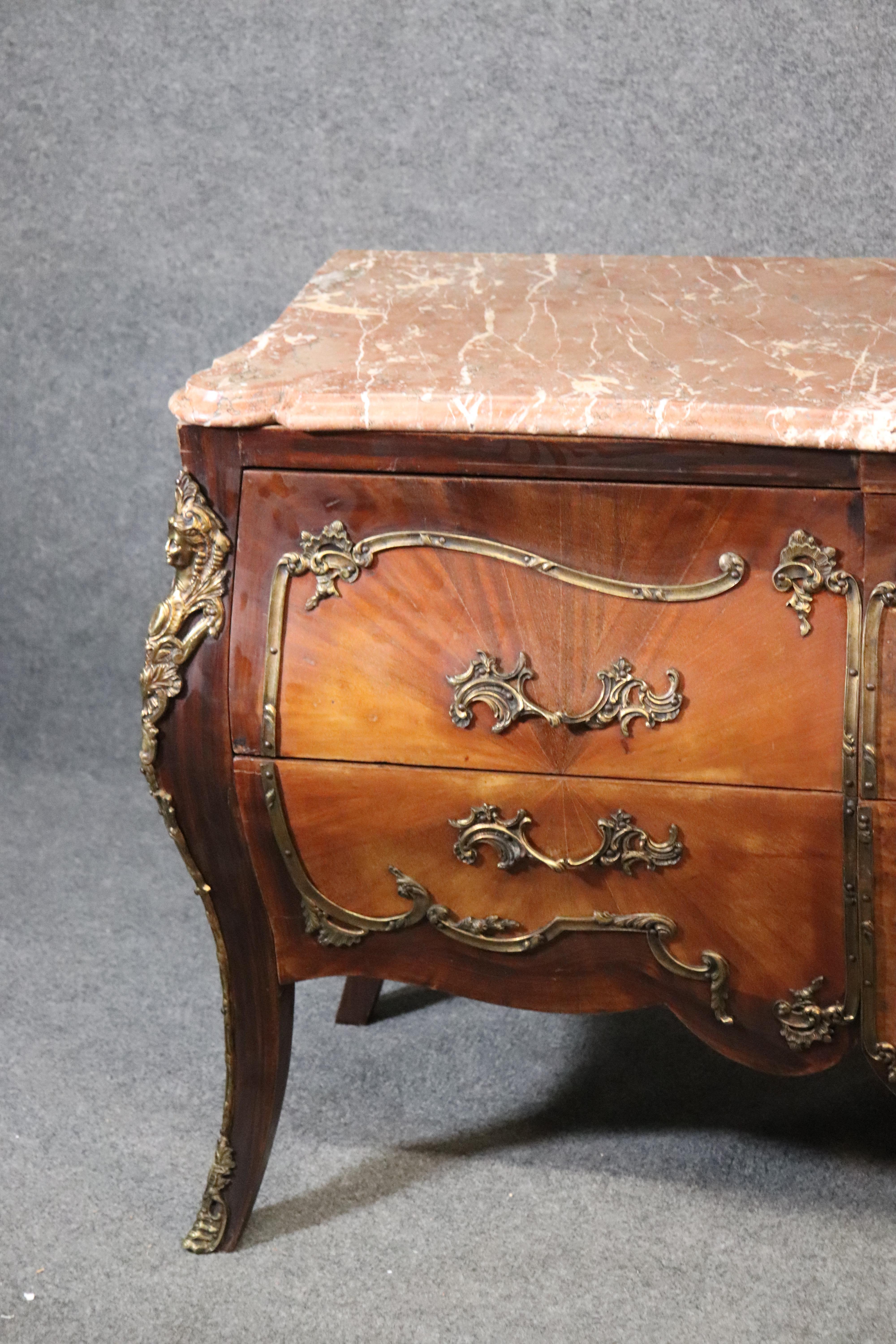Kingwood French Louis XV Style Figural Bronze Mounted Marble-Top Commode Buffet Sideboard
