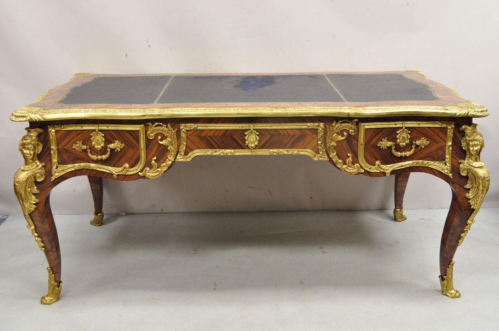 French Louis XV Style Figural Bronze Ormolu Leather Top Bureau Plat Writing Desk For Sale 6