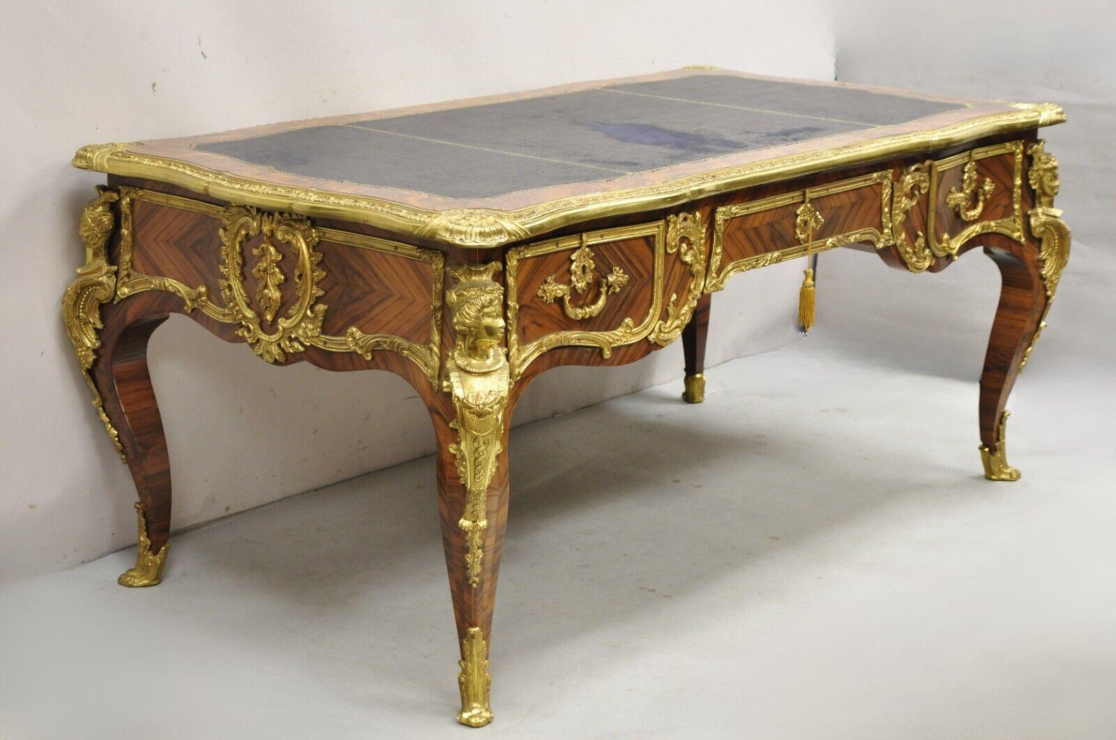 French Louis XV Style Figural Bronze Ormolu Leather Top Bureau Plat Writing Desk For Sale 7