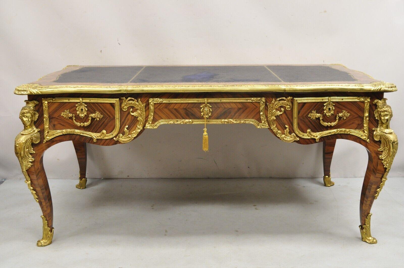 Vintage French Louis XV Style Figural Bronze Ormolu Leather Top Bureau Plat Writing Desk. Item featured is a large impressive size, stunning bronze figural female bust mounts on all legs, faux drawers to rear (see pic 10), 3 functioning drawers to