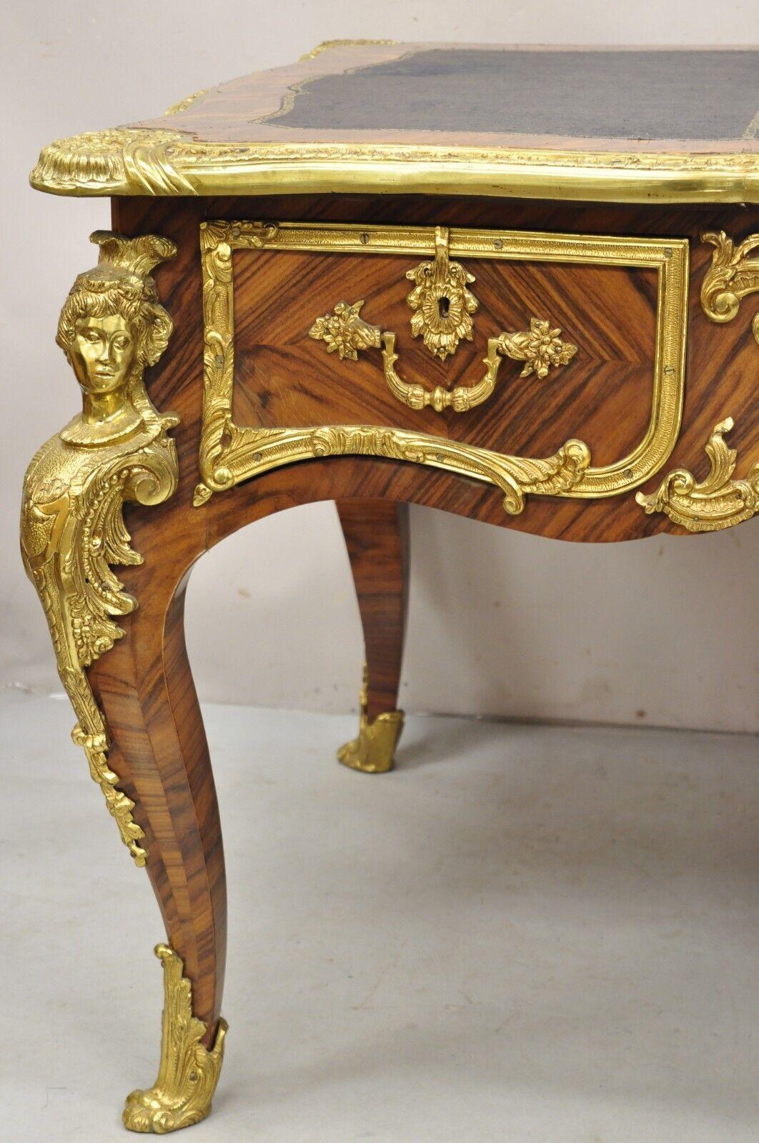 French Louis XV Style Figural Bronze Ormolu Leather Top Bureau Plat Writing Desk In Good Condition For Sale In Philadelphia, PA