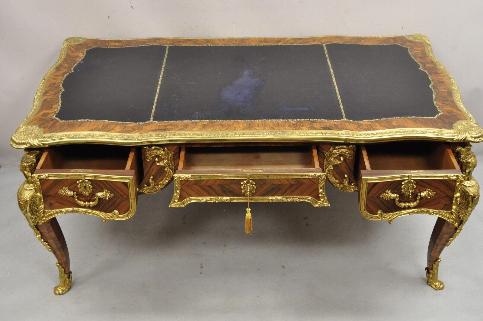 20th Century French Louis XV Style Figural Bronze Ormolu Leather Top Bureau Plat Writing Desk For Sale