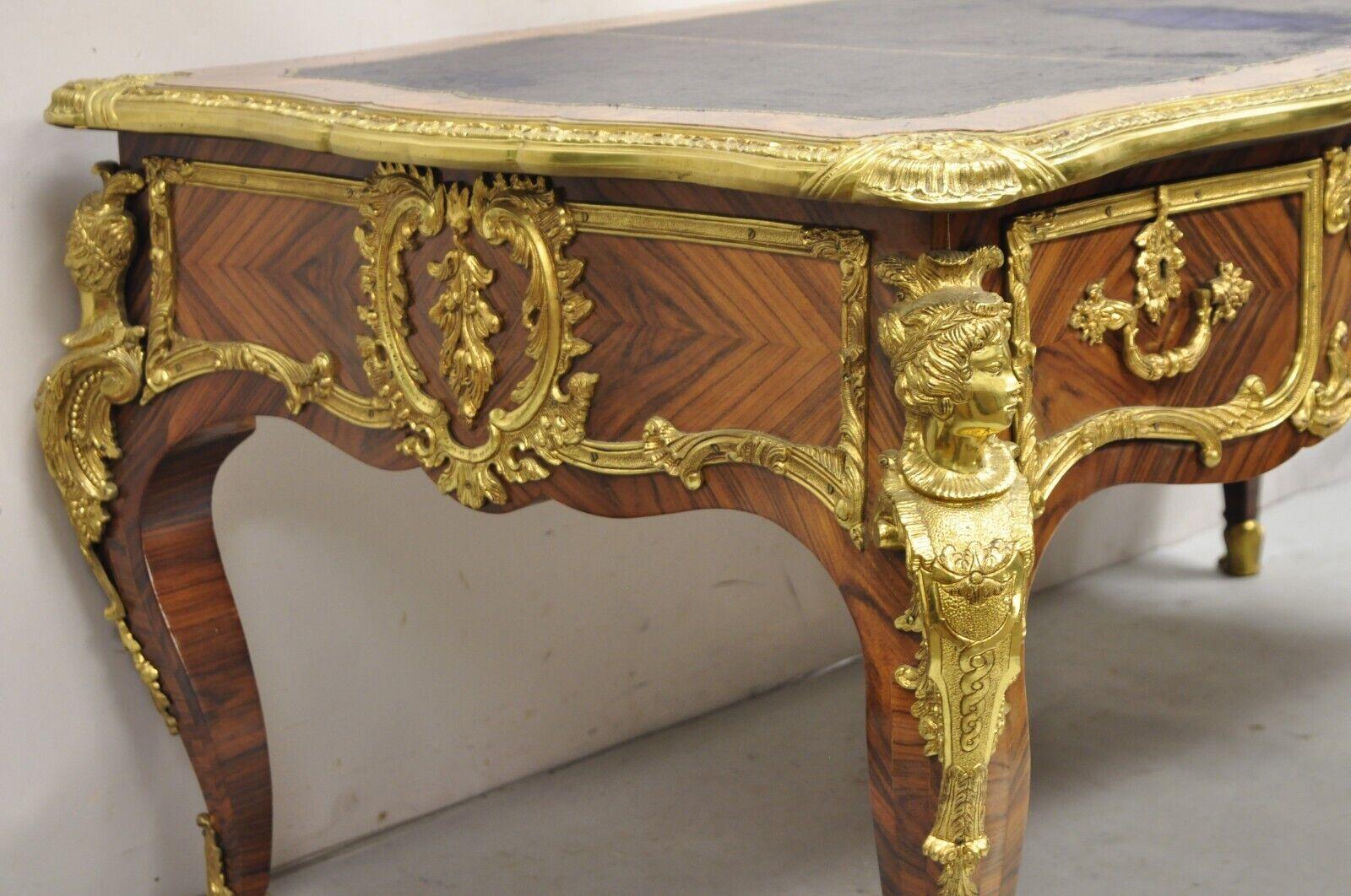 French Louis XV Style Figural Bronze Ormolu Leather Top Bureau Plat Writing Desk For Sale 3