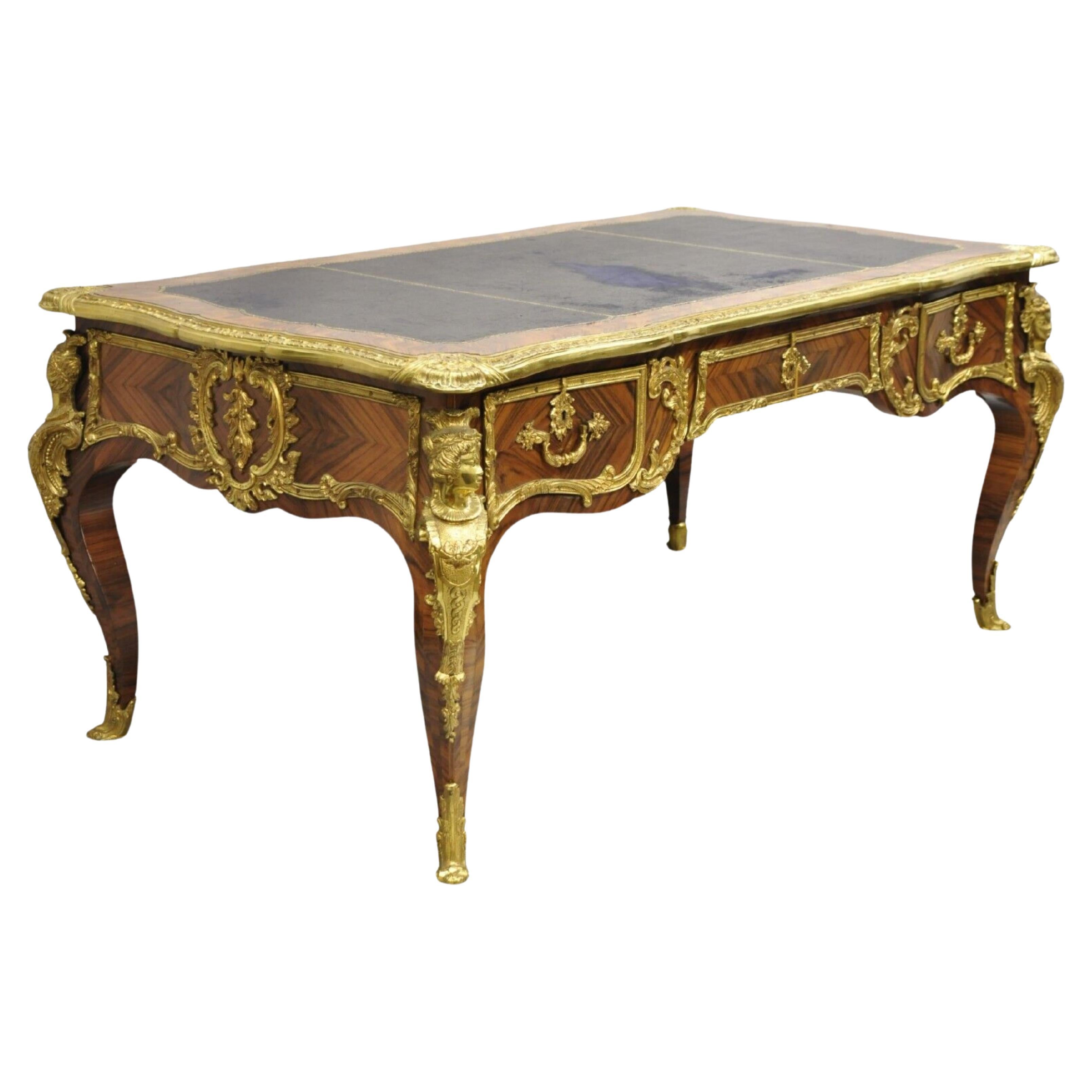 French Louis XV Style Figural Bronze Ormolu Leather Top Bureau Plat Writing Desk For Sale