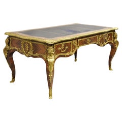 French Louis XV Style Figural Bronze Ormolu Leather Top Bureau Plat Writing Desk