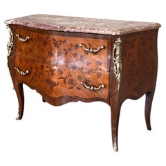 Antique French Louis XV Style Fine Kingwood and Marquetry Ormolu Mounted Bombe Commode