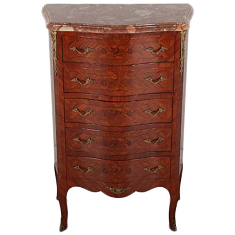 A French inlaid kingwood Louis XV style five-drawer ‘bombe’ commode with a shaped marble top, circa 1950.



 