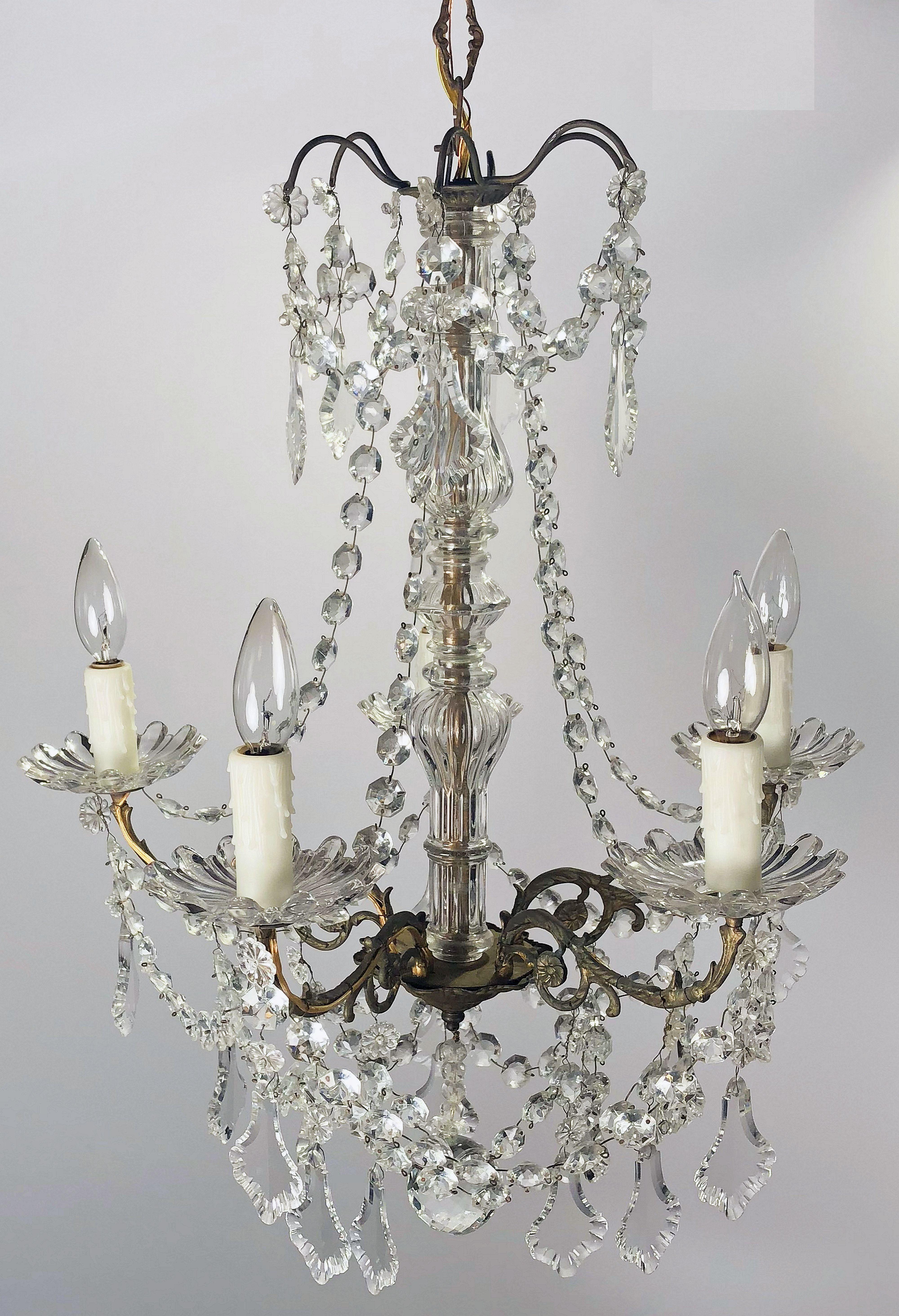 French Louis XV Style Five-Light Crystal Chandelier In Good Condition In Austin, TX