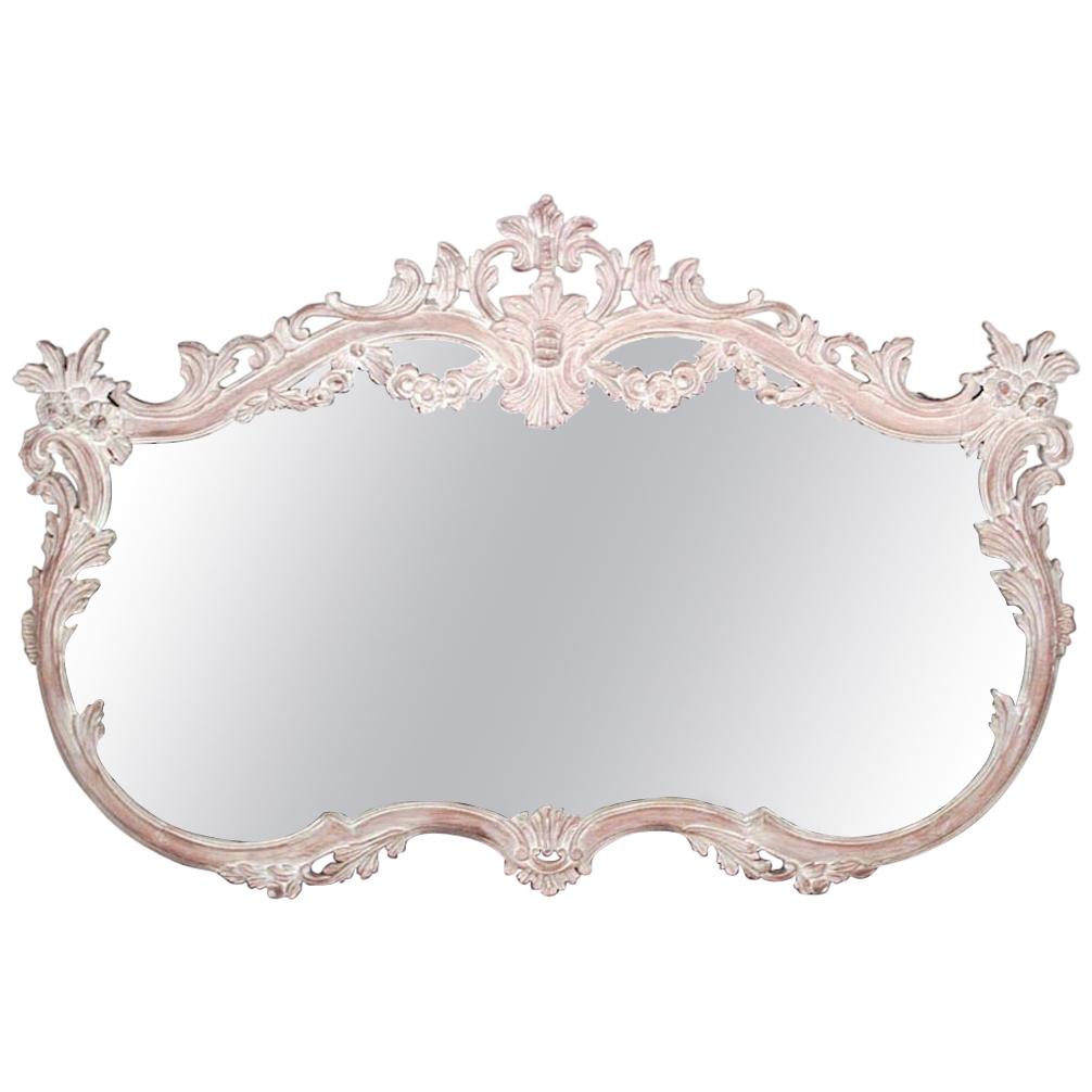 French Louis XV Style Floral Carved Bleached Wood Wall Mirror