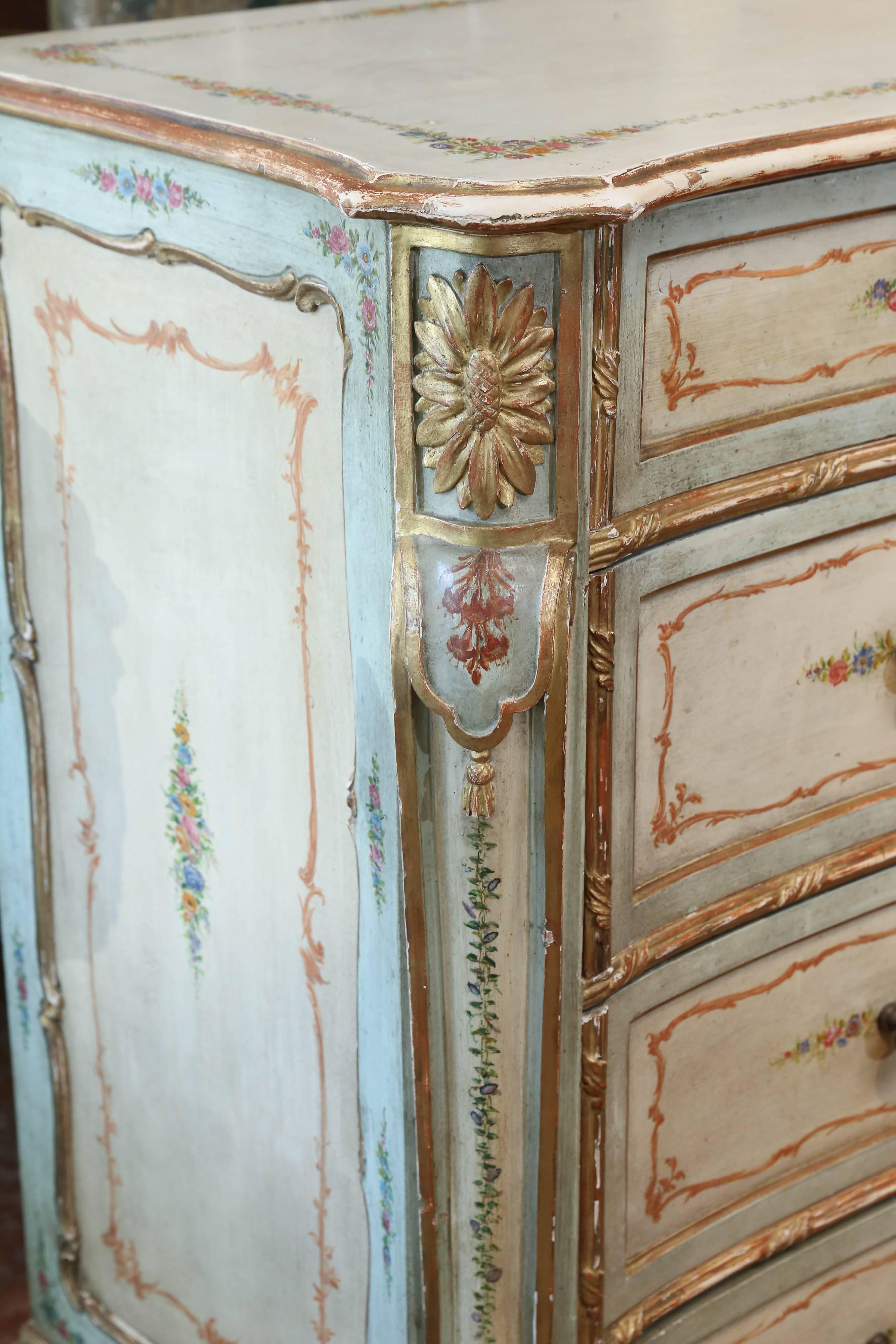 Hand-Painted French Louis XV Style Floral Painted Chest 19th Century with Gilt Embellishment