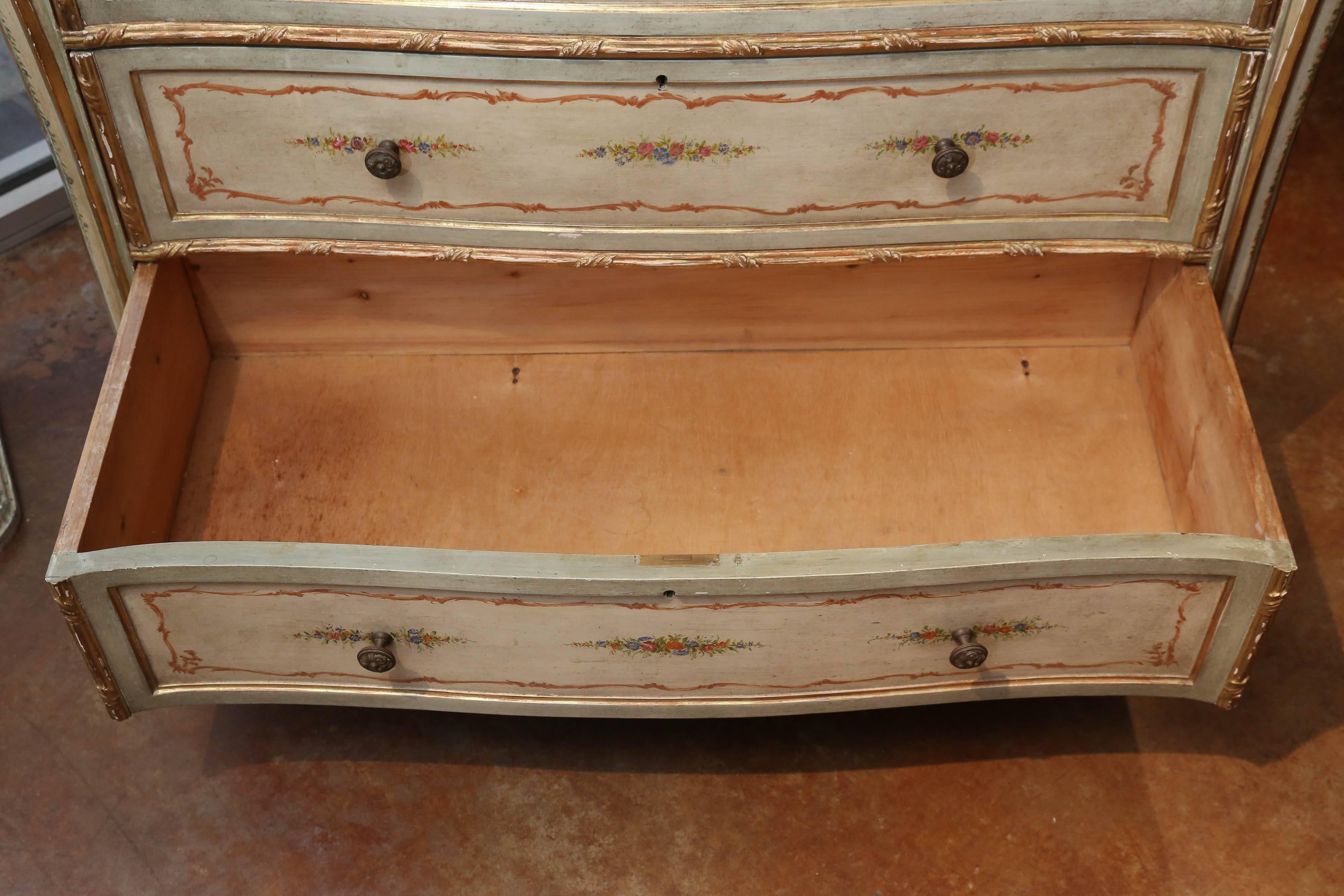 20th Century French Louis XV Style Floral Painted Chest 19th Century with Gilt Embellishment
