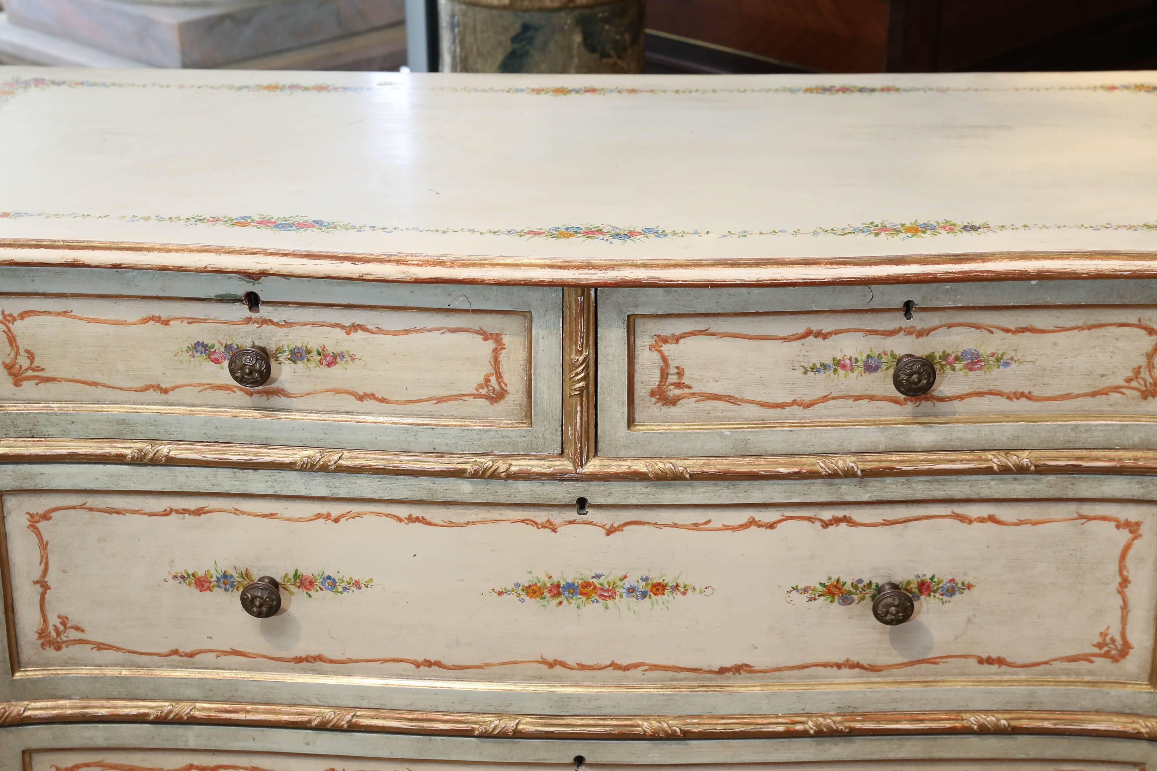 Wood French Louis XV Style Floral Painted Chest 19th Century with Gilt Embellishment