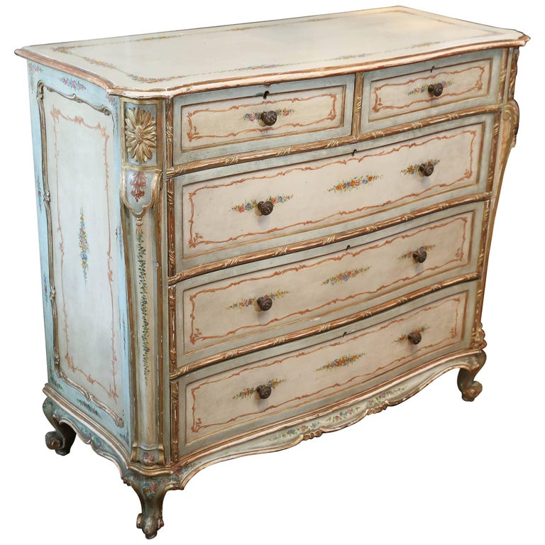 French Louis Xv Style Floral Painted Chest 19th Century With Gilt