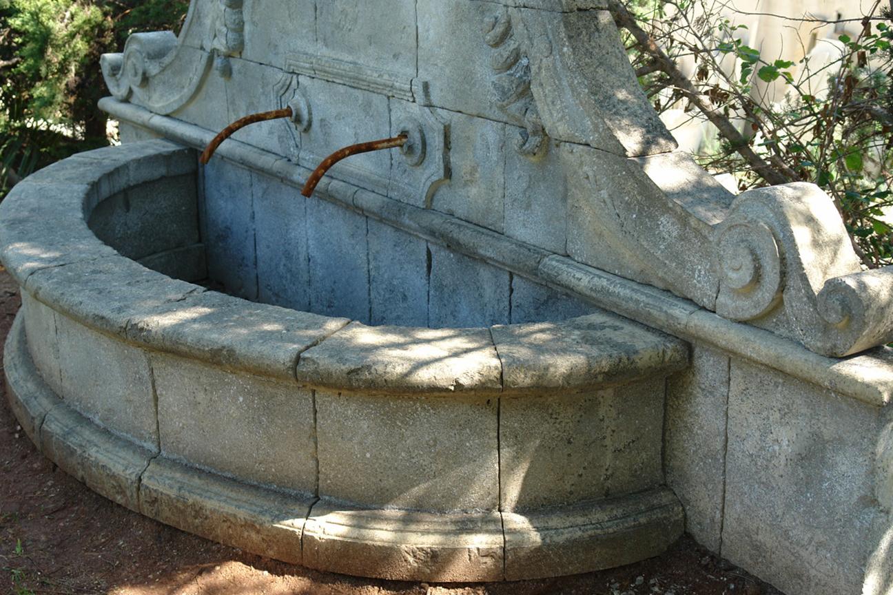 20th Century French Louis XV Style Fountain, Hand-Carved in Pure Limestone, Antique Patina For Sale