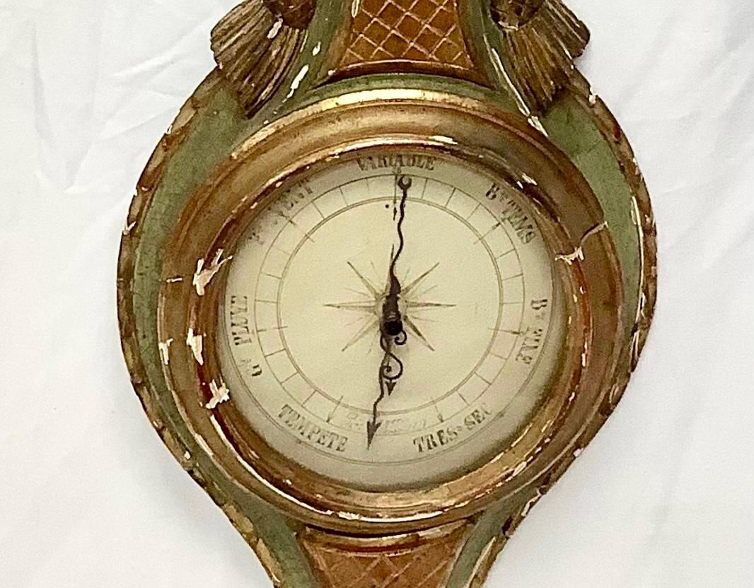 Carved French Louis XV Style Gilded and Painted Wood Wall Barometer