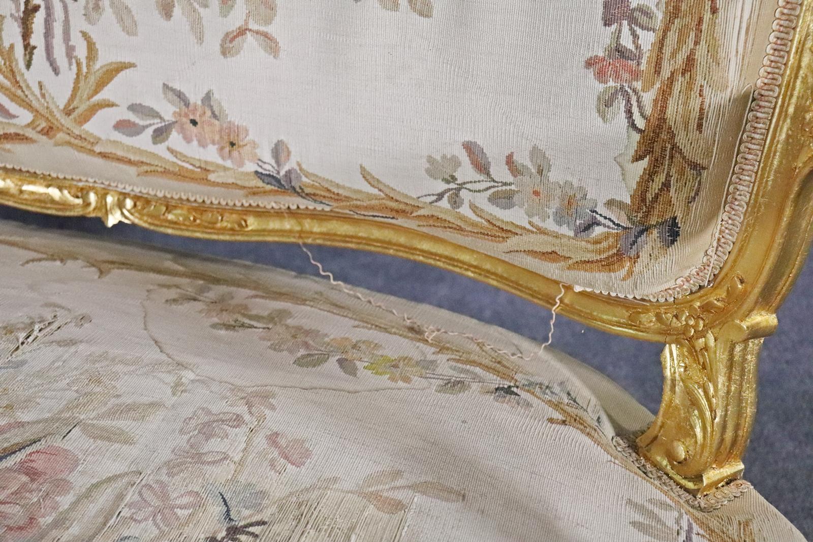 Mid-20th Century French Louis XV Style Gilded Aubusson Upholstered Settee Canape Circa 1930s