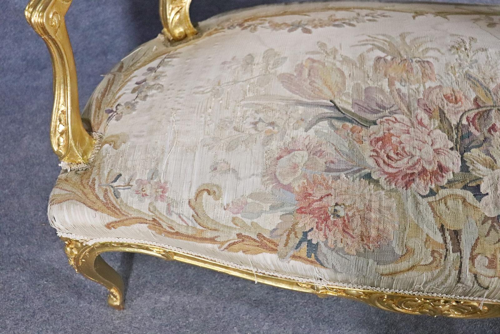 Walnut French Louis XV Style Gilded Aubusson Upholstered Settee Canape Circa 1930s