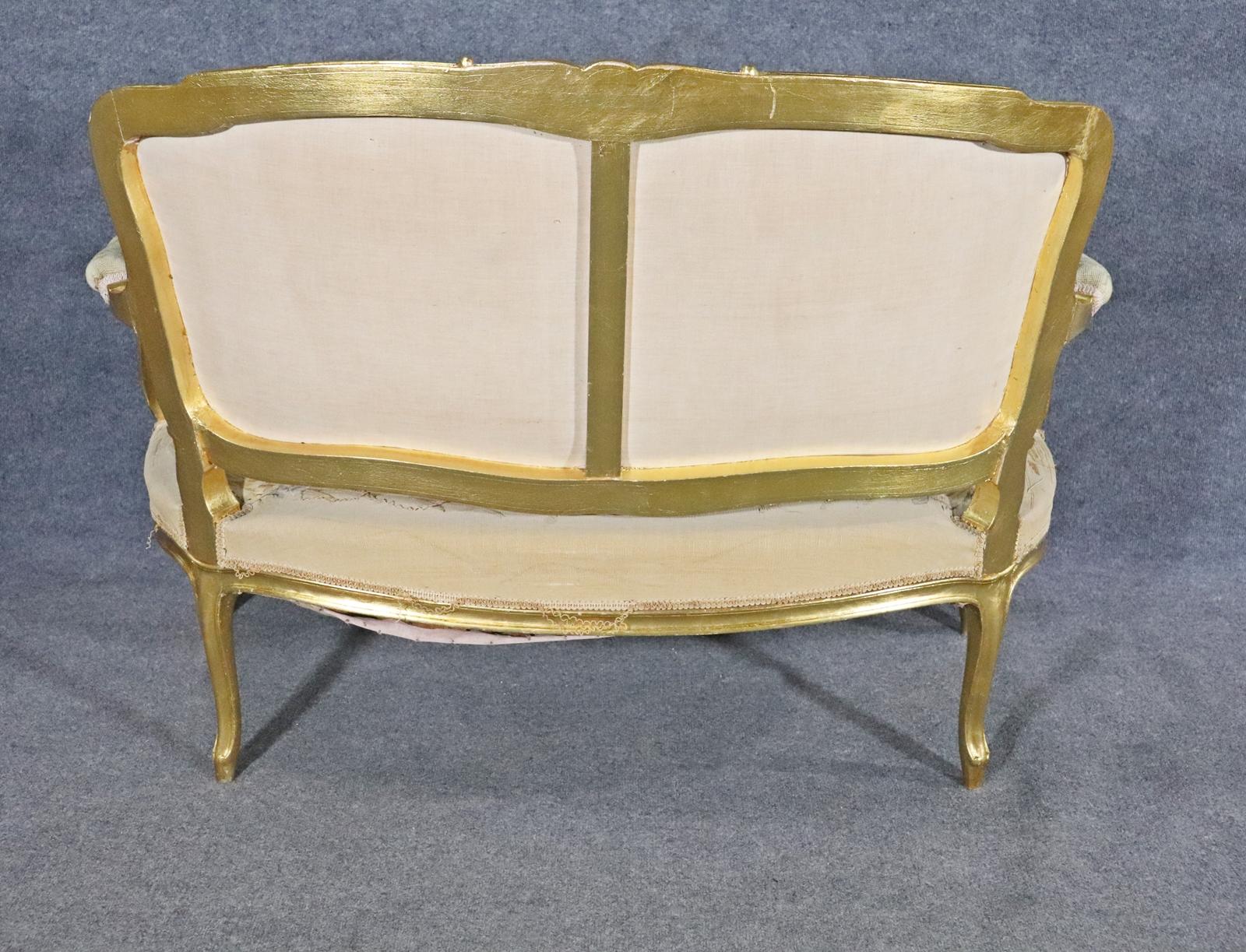 French Louis XV Style Gilded Aubusson Upholstered Settee Canape Circa 1930s 3