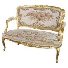 French Louis XV Style Gilded Aubusson Upholstered Settee Canape Circa 1930s