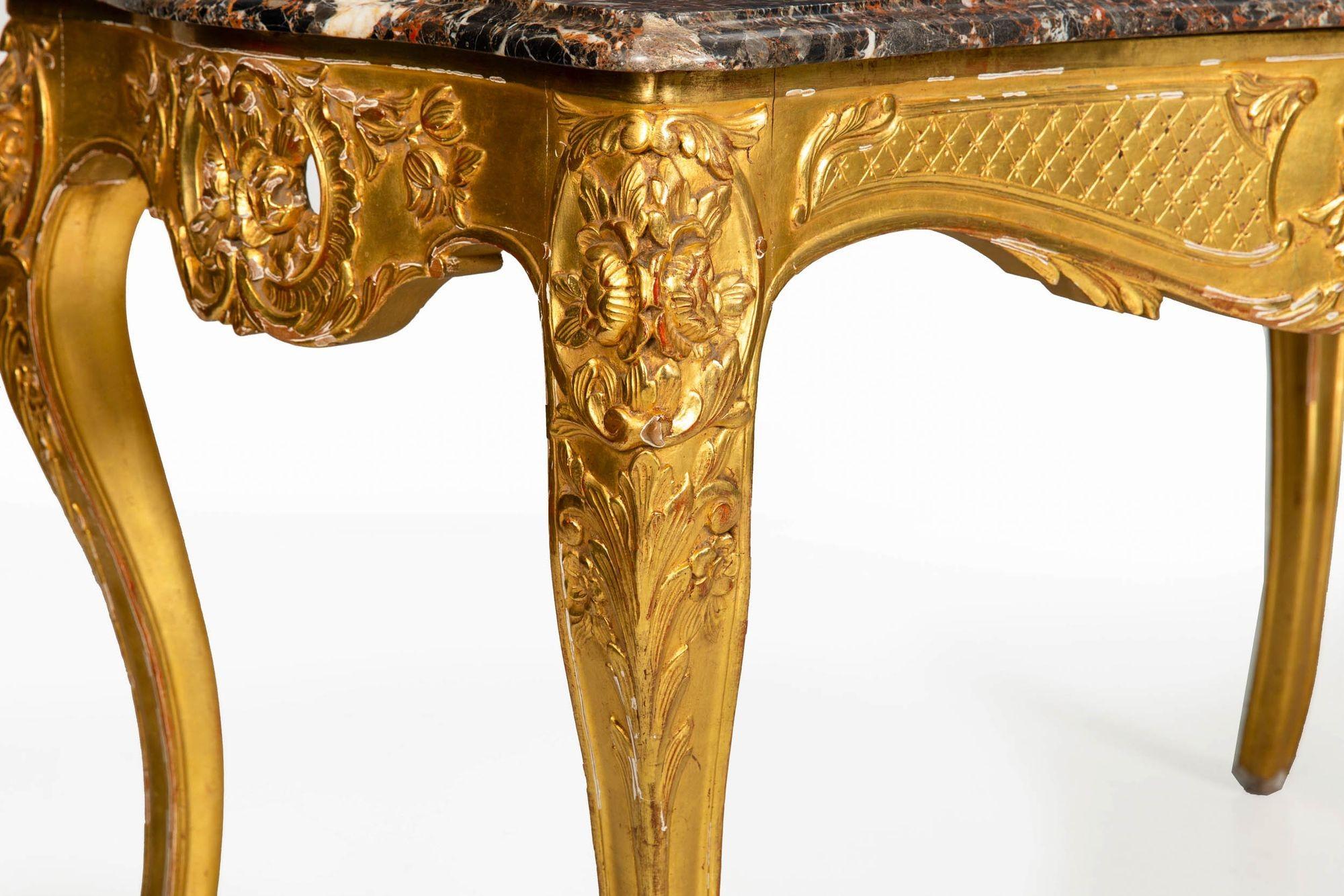 Table console ancienne de style Louis XV avec plateau en marbre doré en vente 7