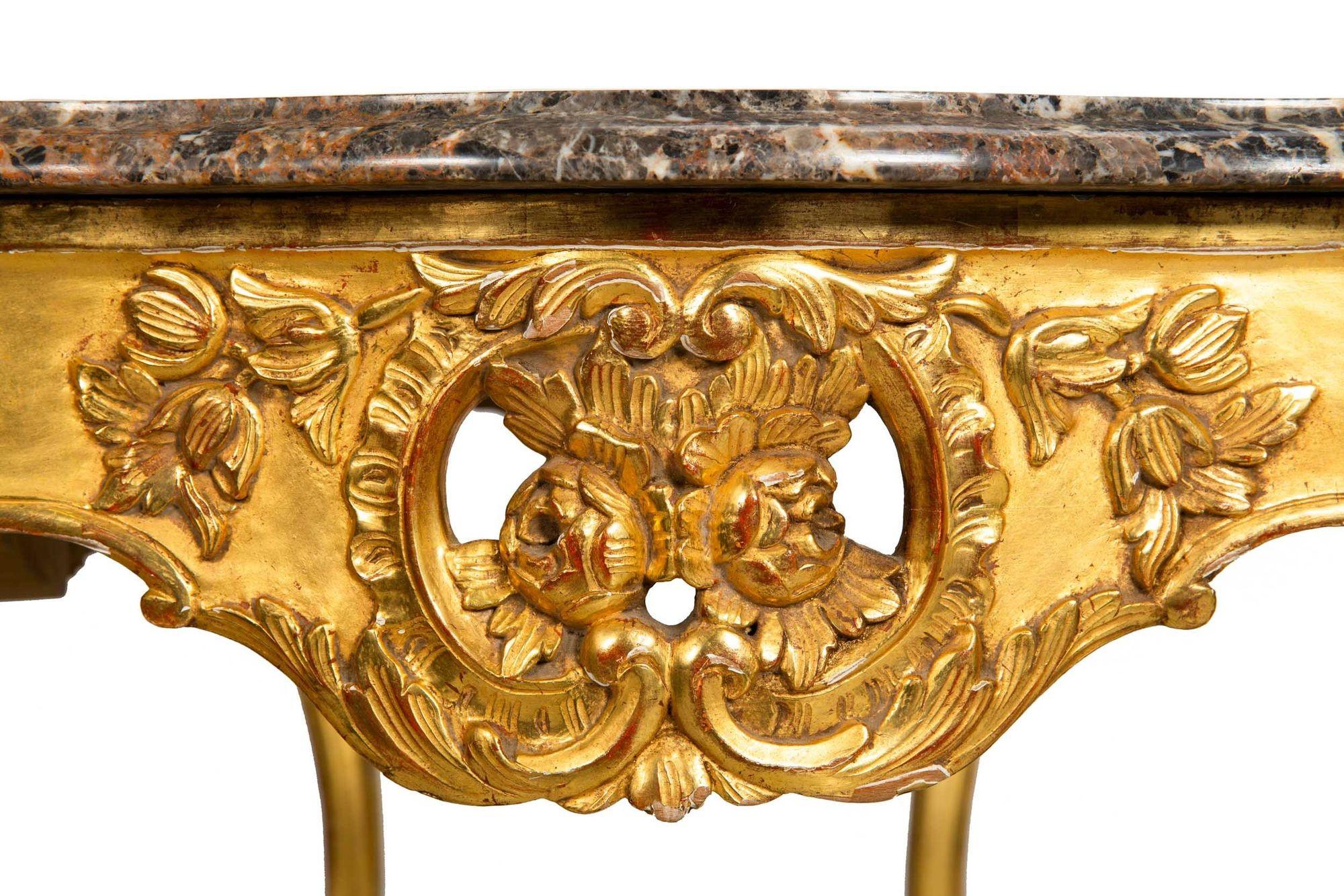 Table console ancienne de style Louis XV avec plateau en marbre doré en vente 11