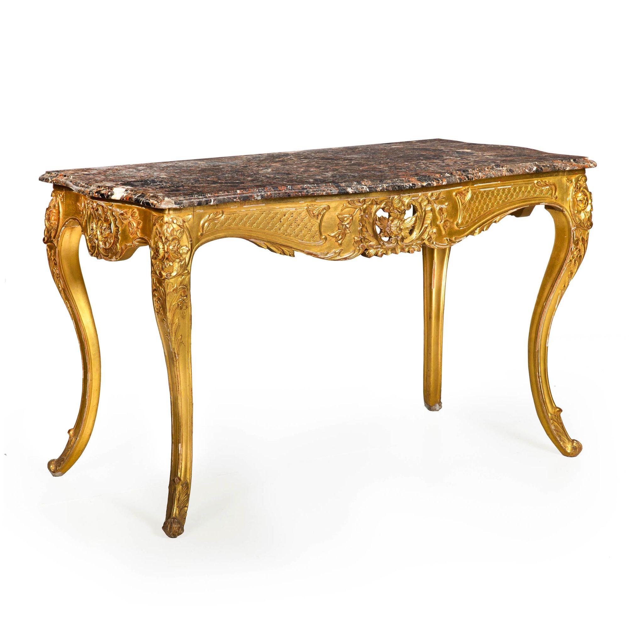 LOUIS XV STYLE CARVED GILTWOOD AND MARBLE-TOP CONSOLE TABLE
France, circa 20th century  corners of frame stamped 