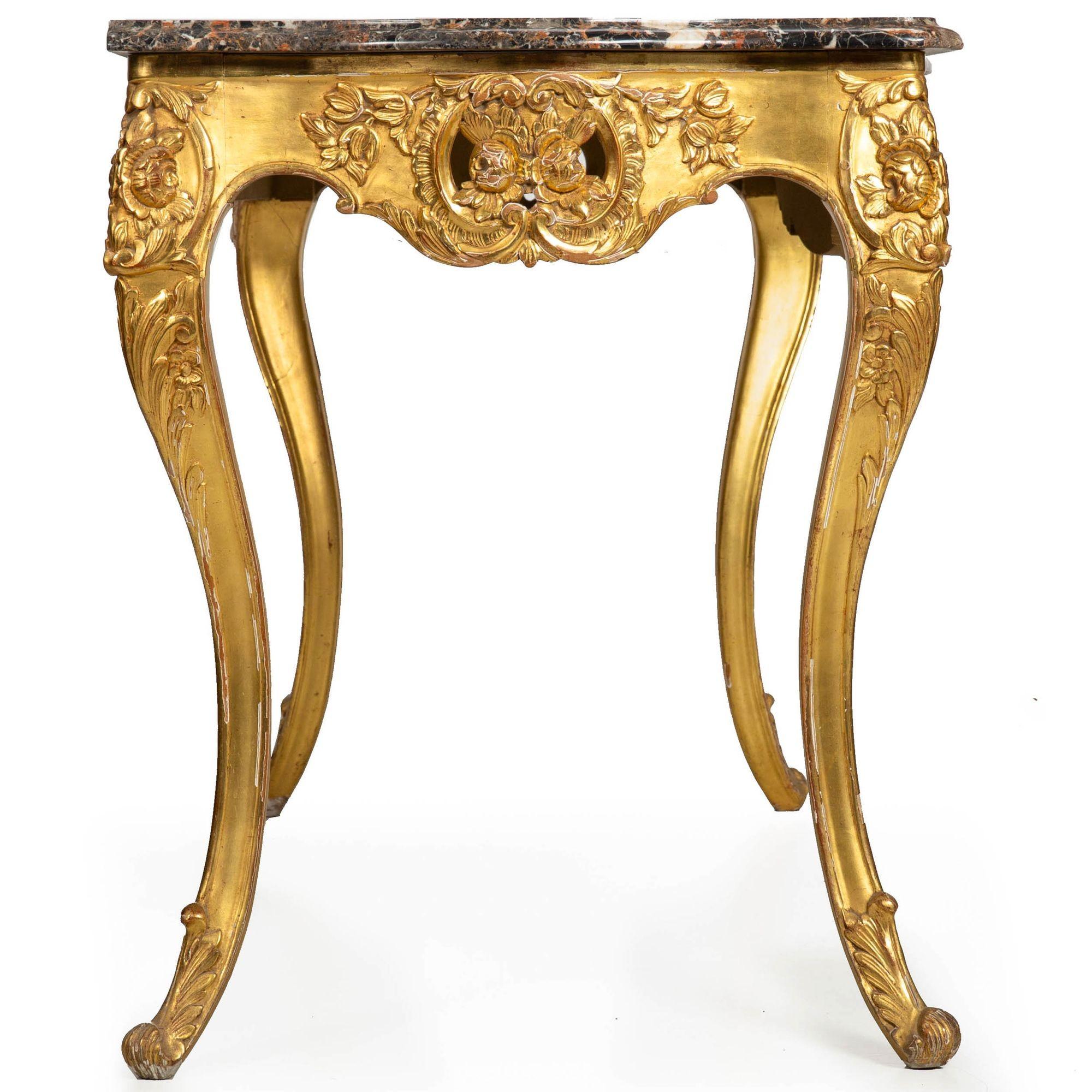20th Century French Louis XV Style Gilded Marble Top Antique Console Pier Table For Sale