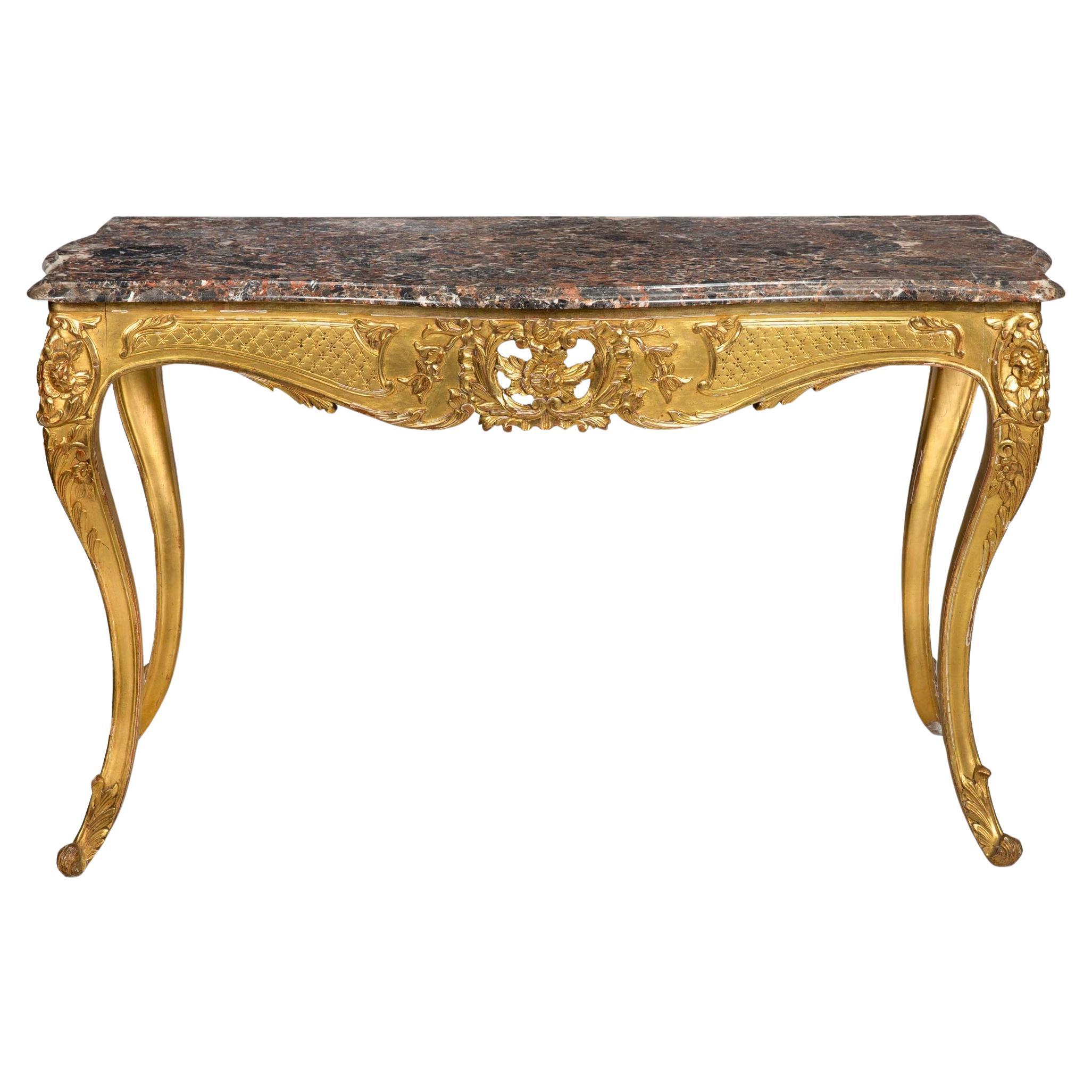 Table console ancienne de style Louis XV avec plateau en marbre doré en vente