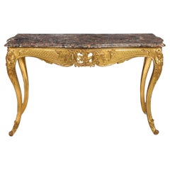 Table console ancienne de style Louis XV avec plateau en marbre doré