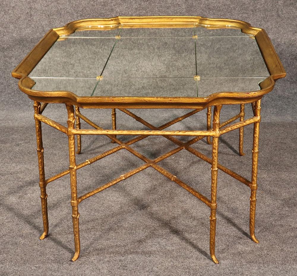 Hollywood Regency French Louis XV Style Gilded Wrought Iron Mirrored Top Coffee Table