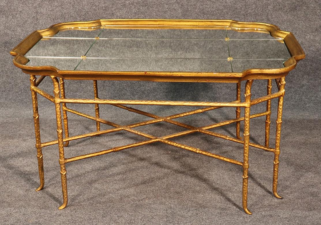 Gilt French Louis XV Style Gilded Wrought Iron Mirrored Top Coffee Table
