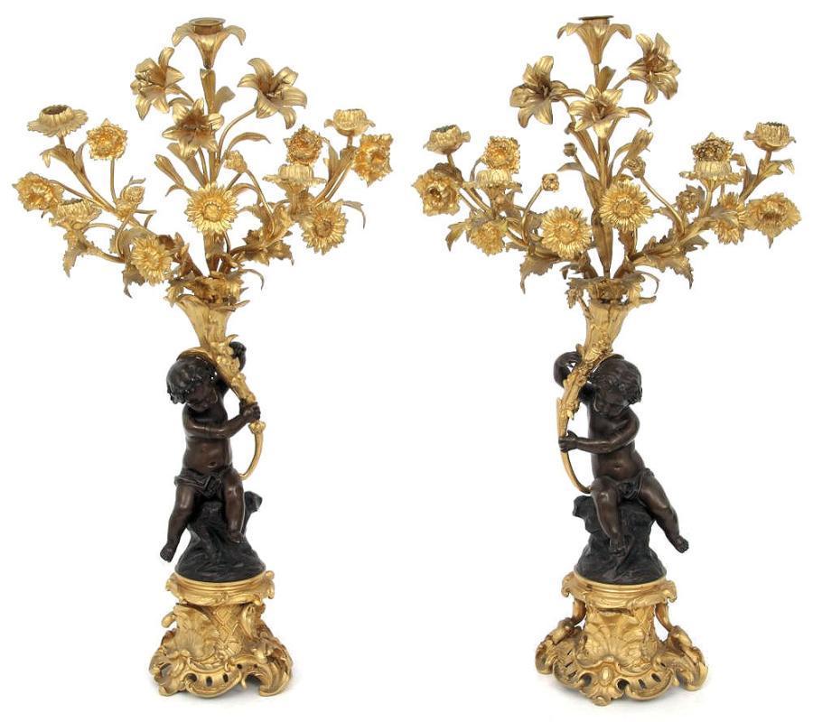 French Louis XV Style Gilt and patinated Bronze Clock and Candelabra 4