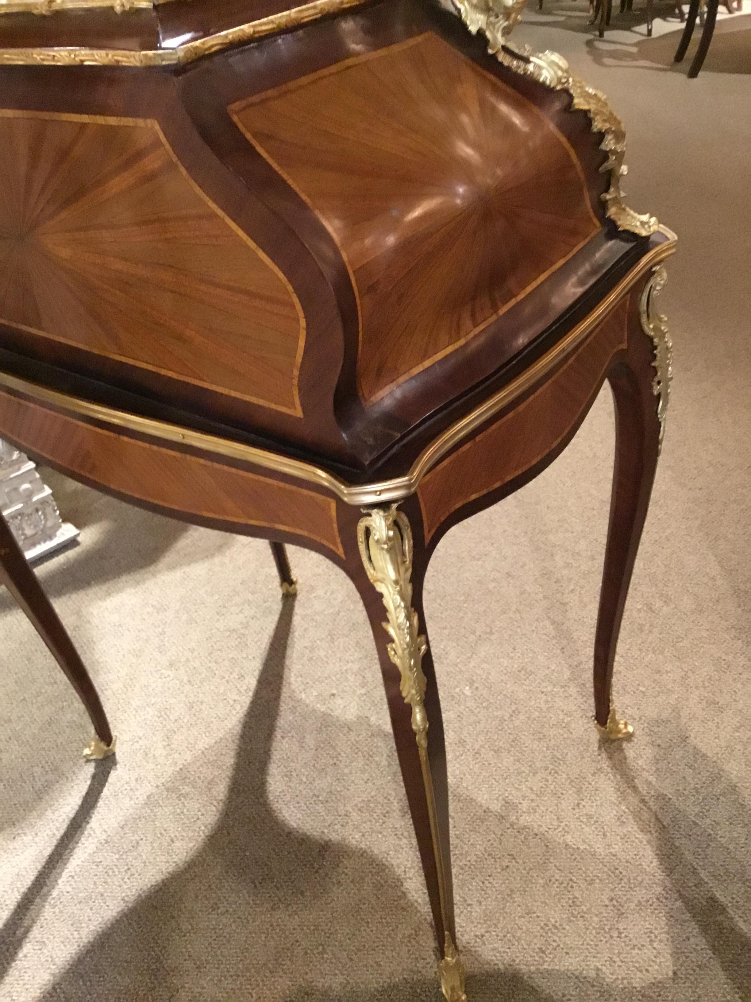 French Louis XV Style Gilt Bronze Mahogany and Tulipwood Mounted Writing Desk In Good Condition In Houston, TX