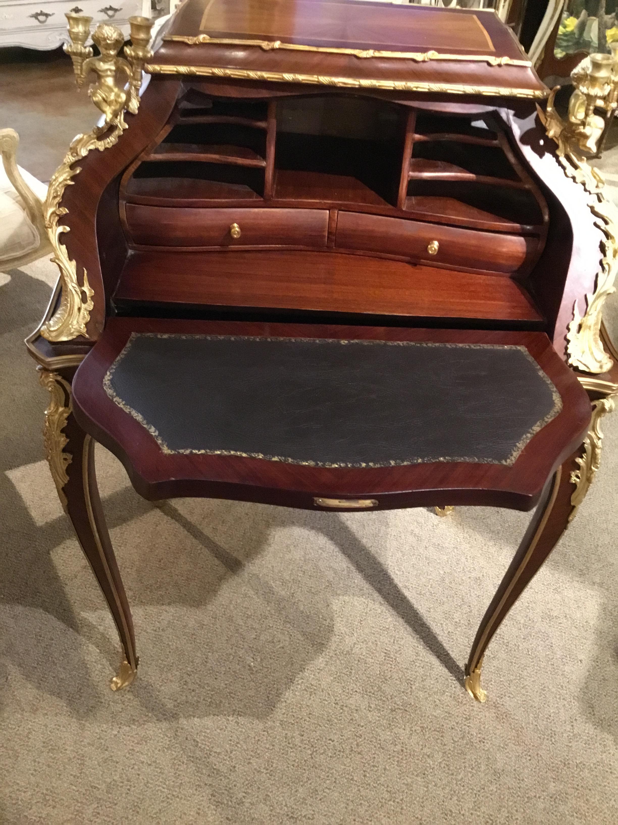 Wood French Louis XV Style Gilt Bronze Mahogany and Tulipwood Mounted Writing Desk