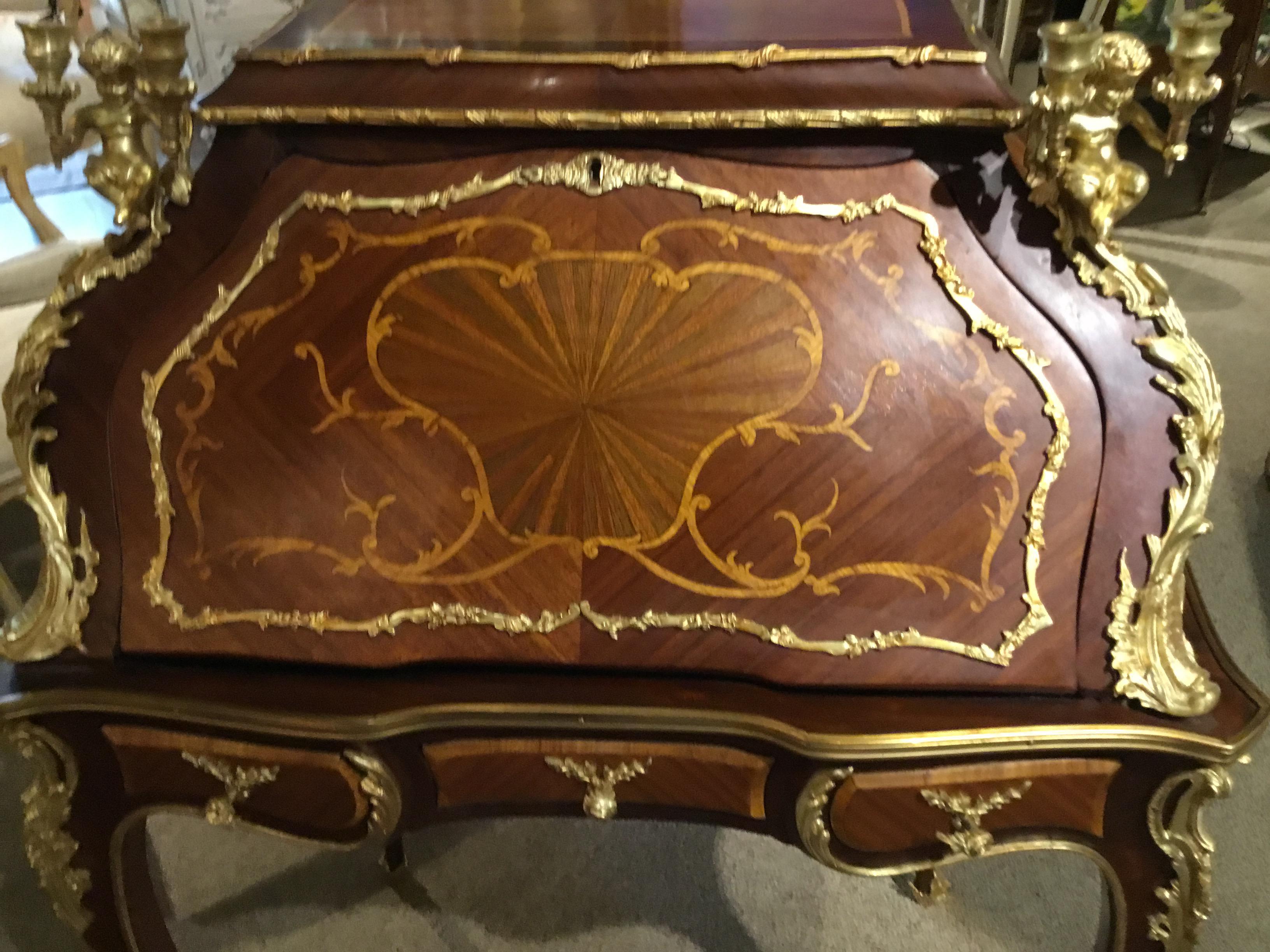 French Louis XV Style Gilt Bronze Mahogany and Tulipwood Mounted Writing Desk 1