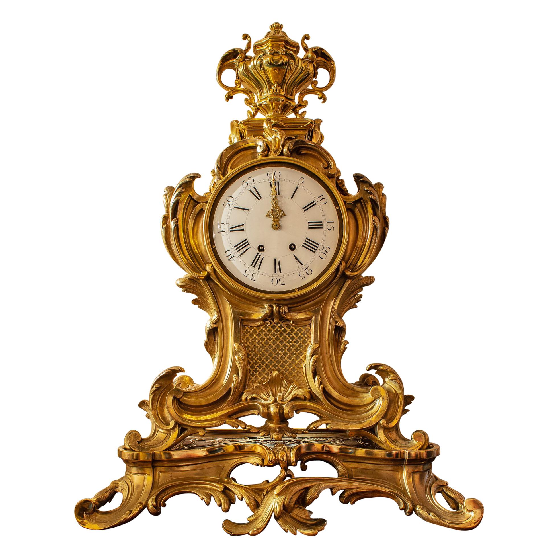 French Louis XV Style Gilt Bronze Mantle Clock