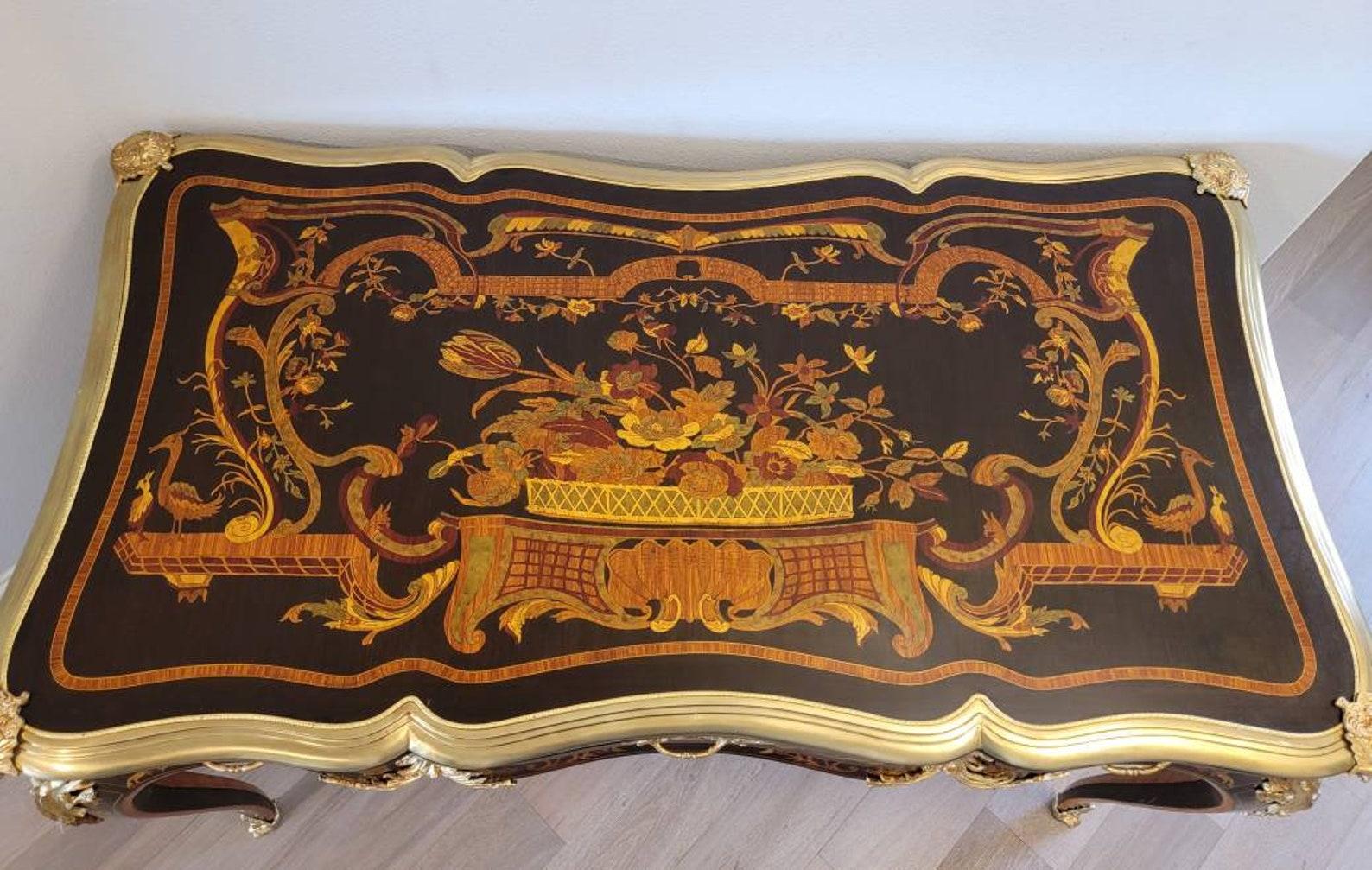 Hand-Crafted French Louis XV Style Gilt Bronze Marquetry Bureau Plat For Sale