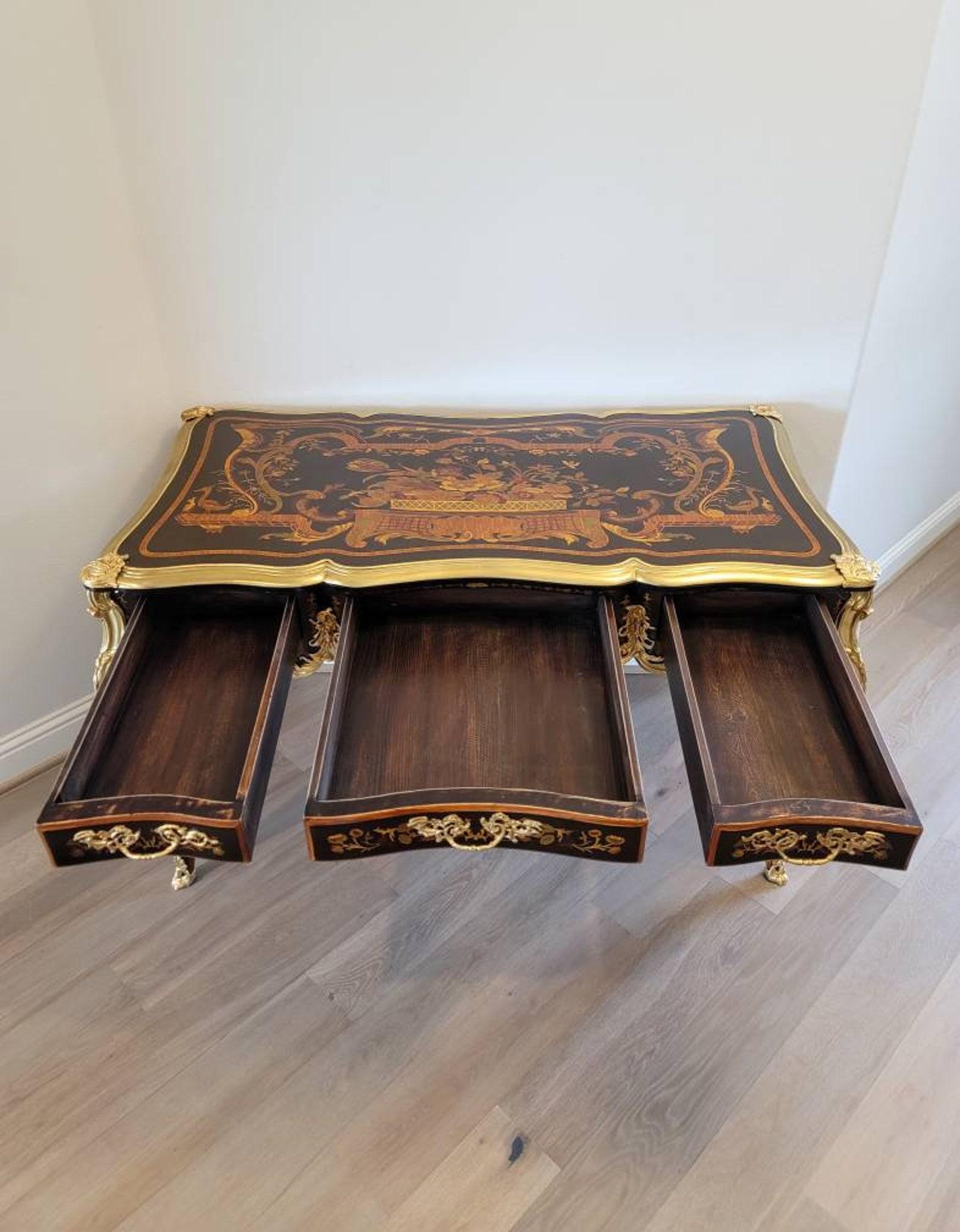 20th Century French Louis XV Style Gilt Bronze Marquetry Bureau Plat For Sale