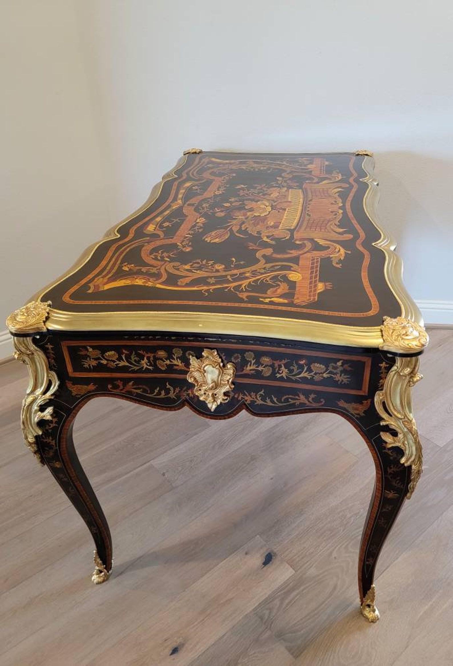 French Louis XV Style Gilt Bronze Marquetry Bureau Plat For Sale 2