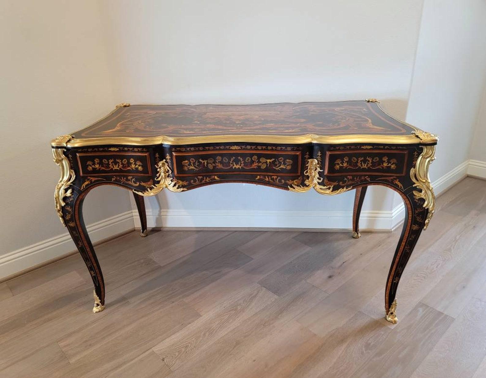 French Louis XV Style Gilt Bronze Marquetry Bureau Plat For Sale 3