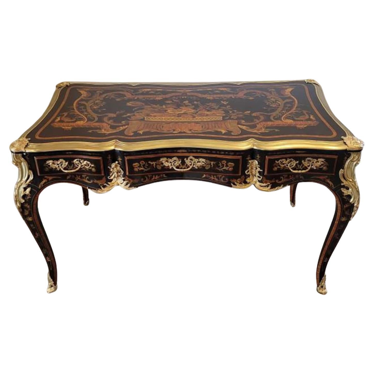 French Louis XV Style Gilt Bronze Marquetry Bureau Plat For Sale