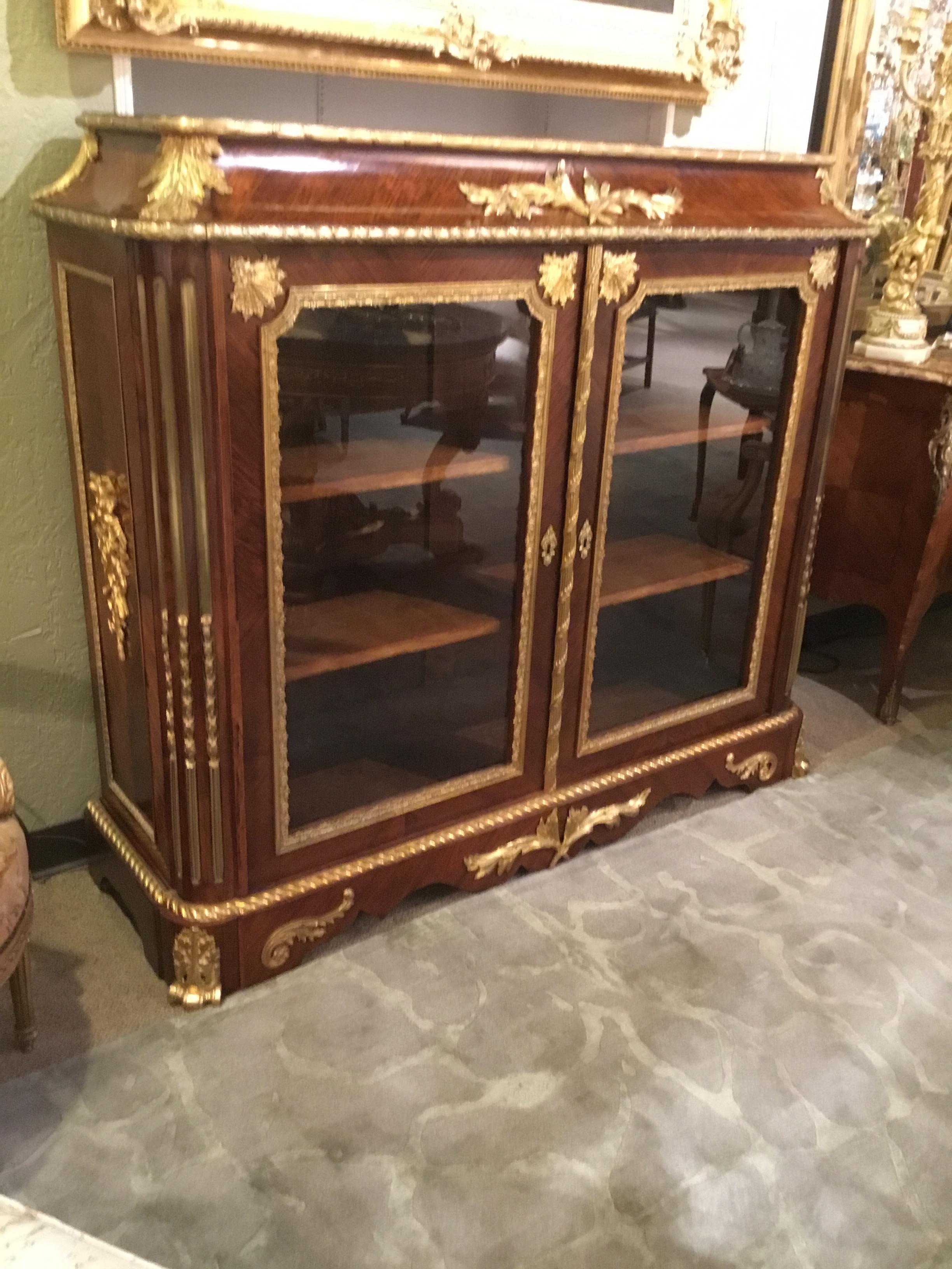 Mahogany French Louis XV Style Gilt Bronze Mounted Two Door Vitrine/Bookcase 19th Century